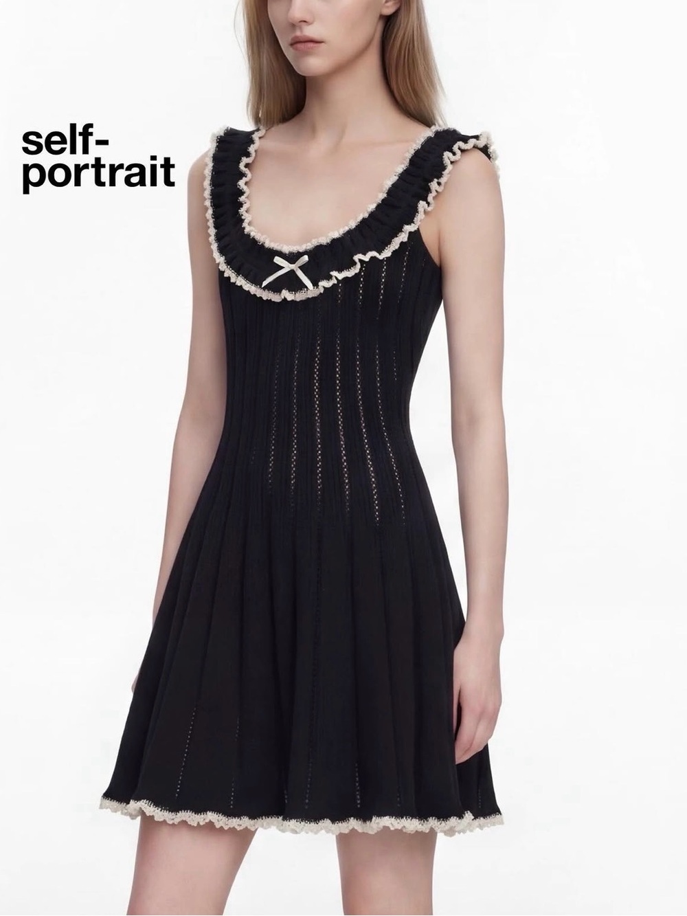 NEW Self-Portrait Black Contrast Trim Knit Mini Dress Ruffle Bow | US S
